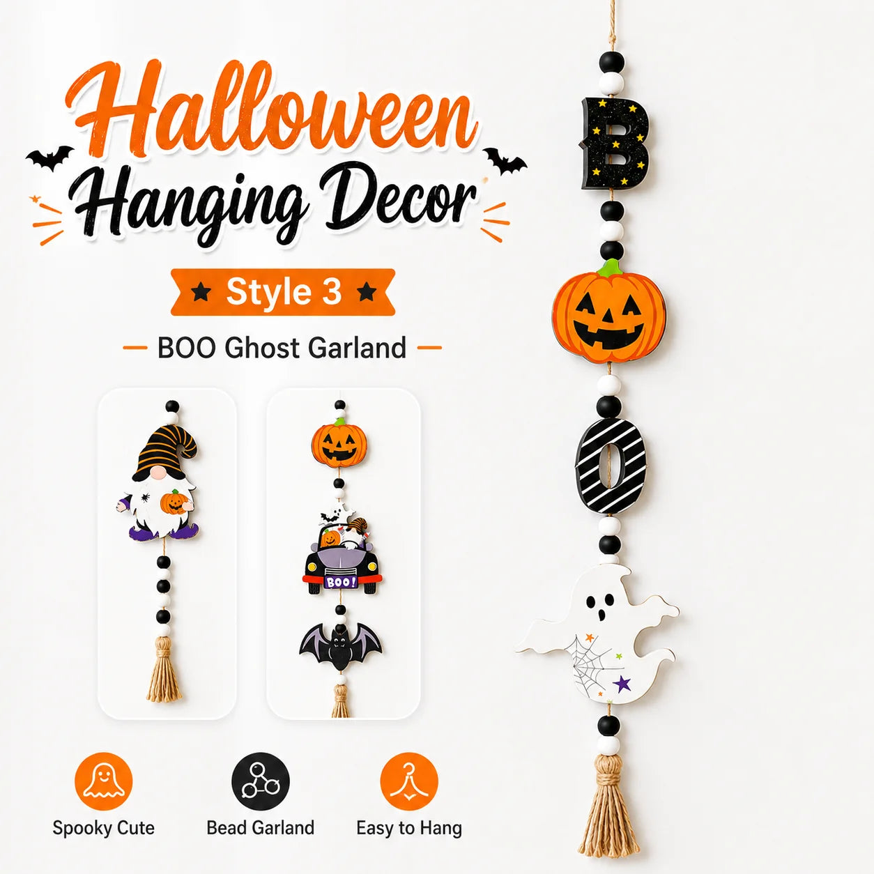 1pc Halloween Wooden Bead Hanging Sign 3 Styles Gnome Pumpkin Car Ghost Boo Letter Tassel Wall Door Decor Farmhouse Spooky Cute Home Party Ornament