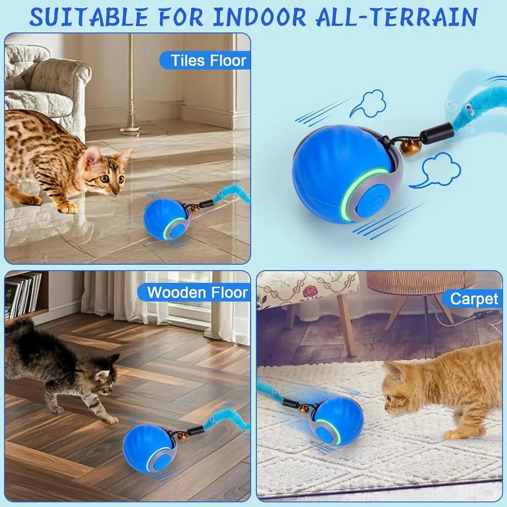 Interactive Cat Toy Ball - Automatic Interactive Cat Toys for Indoor Cats with 3 Tails, 2 Speeds Rechargeable Cat Enrichment Toy