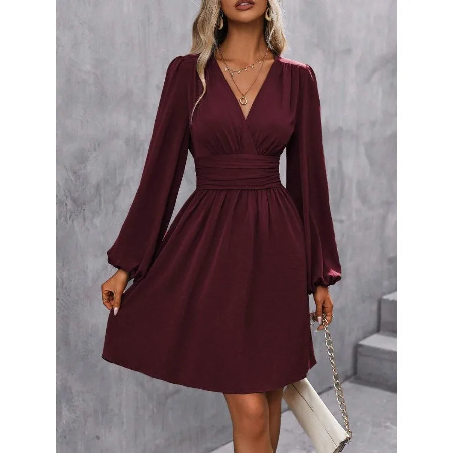 Surplice Neck Lantern Sleeve Ruched Waist Dress Fall Cloth For Women summer Dress