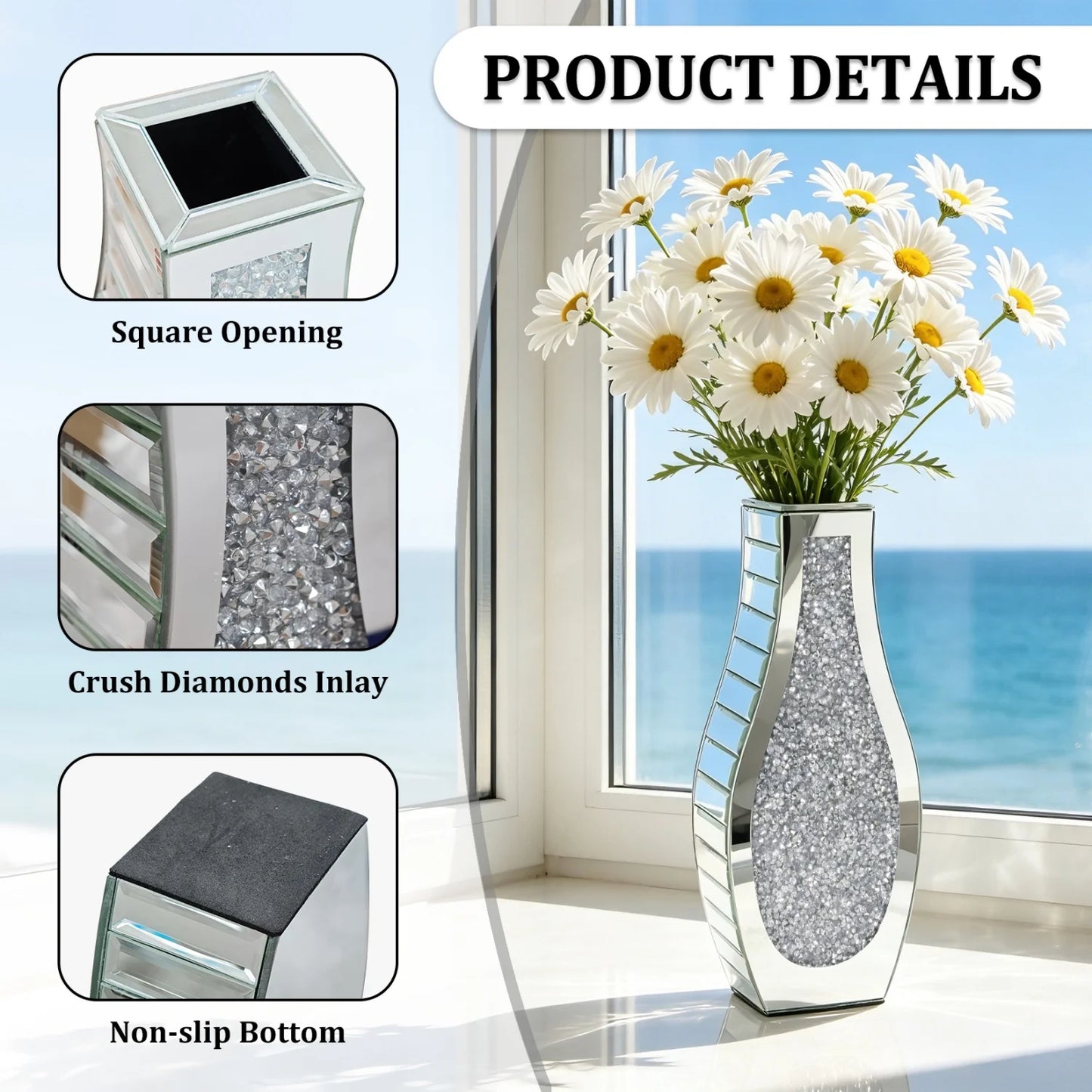 Modern Crushed Diamond Mirrored Flower Vase Glass Table Top Vase Crystal Decorative Mirror Vases Stunning for Home Decor