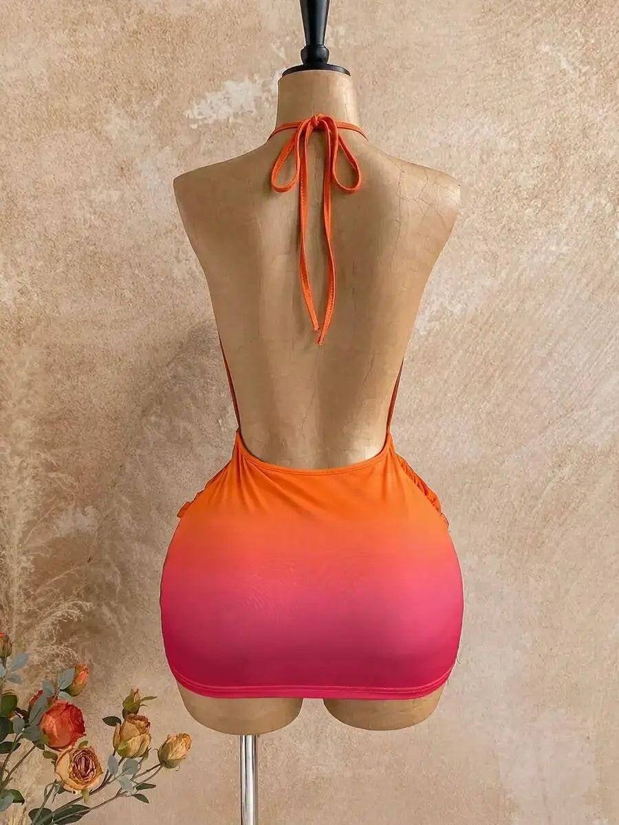 Womens Ombre Gradient Deep V-Neck Halter Mini Dress Beach Club Outfit Summer
