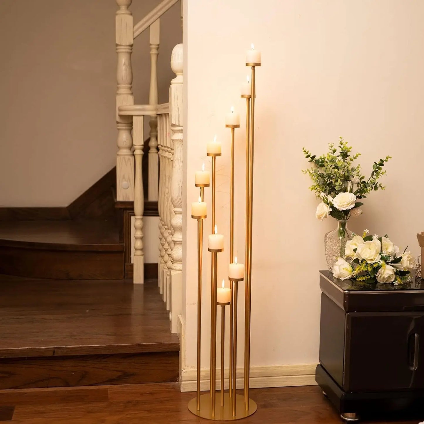 4pcs 9 Arm Candelabra Floor Candle Holders Tall Set for Wedding Aisle Decoration,Gold Candelabras for Fireplace
