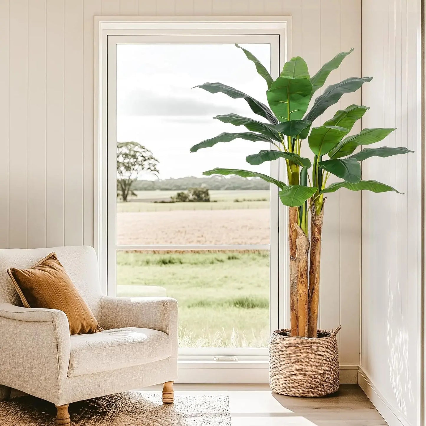 Artificial Banana Tree with Grey Planter, Artificial Plants with 11 Banana Leaves Plant for Home Office Decor
