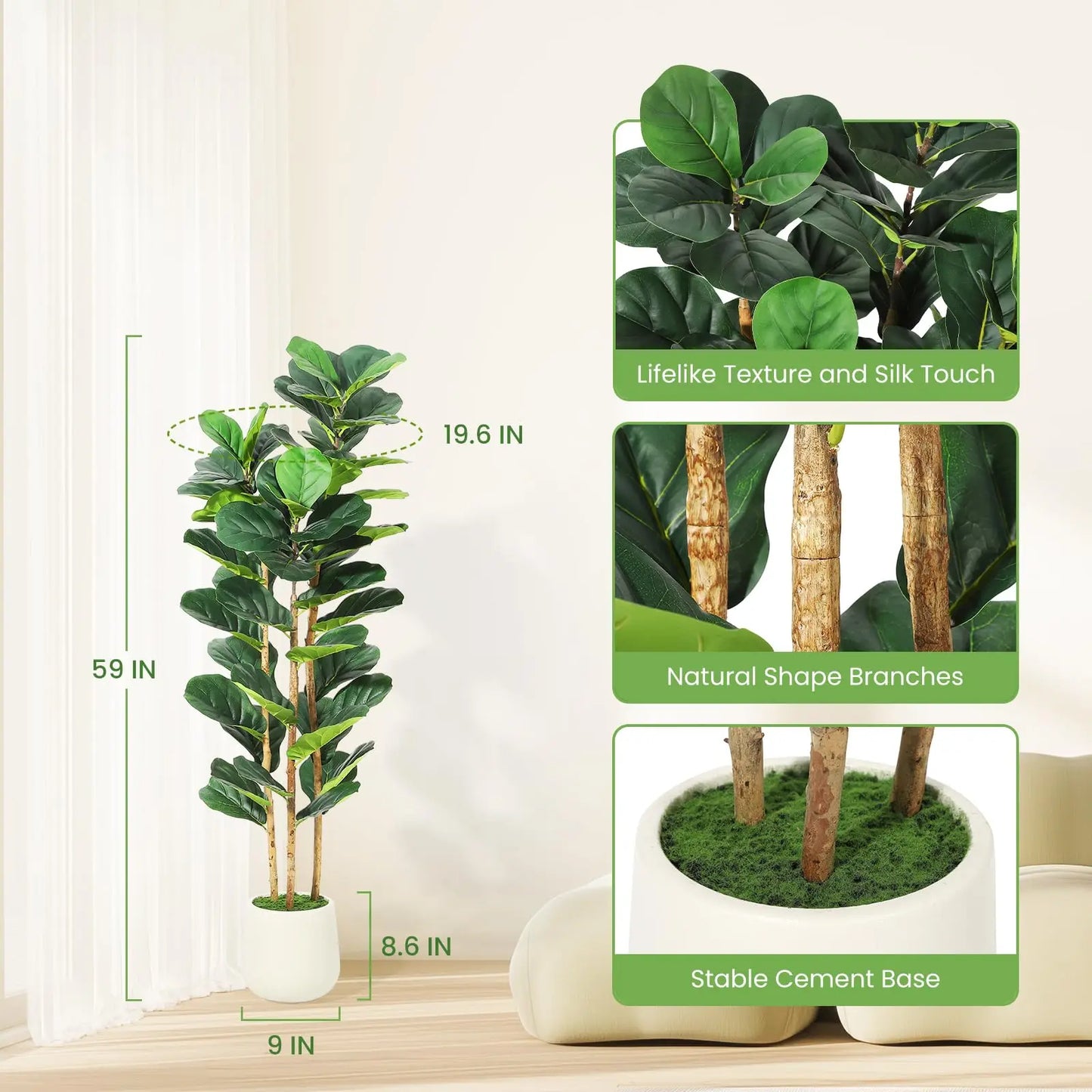 5FT/7FT Artificial Fiddle Leaf Fig Tree With White Planter, Tall Fake Floor Plant Large Faux Indoor Tree For Home Office Decor