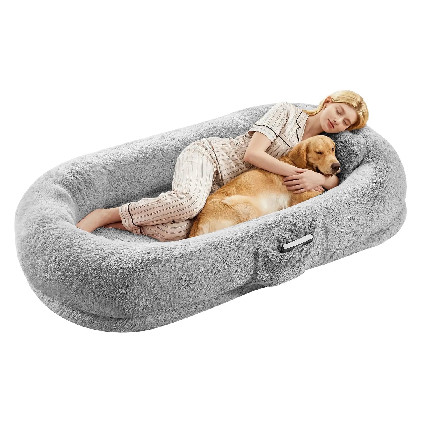 HiMISSCN Giant Orthopedic Faux Fur Human And Pet Dog Bed With Side Pocket