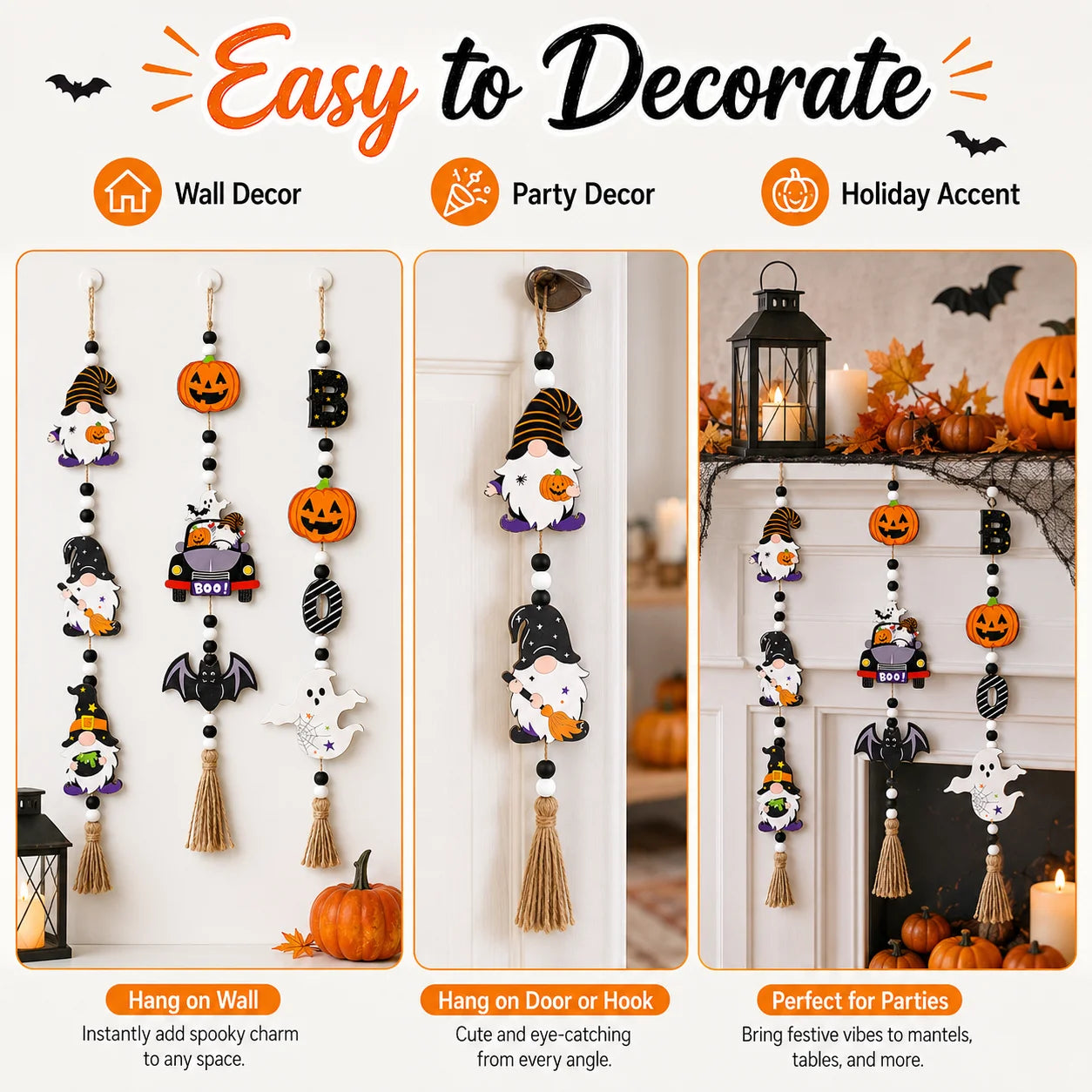 1pc Halloween Wooden Bead Hanging Sign 3 Styles Gnome Pumpkin Car Ghost Boo Letter Tassel Wall Door Decor Farmhouse Spooky Cute Home Party Ornament