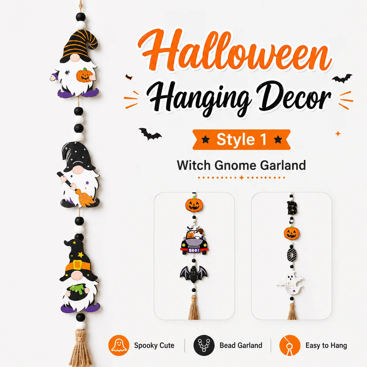 1pc Halloween Wooden Bead Hanging Sign 3 Styles Gnome Pumpkin Car Ghost Boo Letter Tassel Wall Door Decor Farmhouse Spooky Cute Home Party Ornament