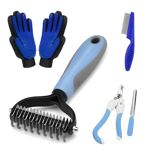 Dog & Cat Deshedding Brush - Pet Comb & Massager Set, Pink，Blue