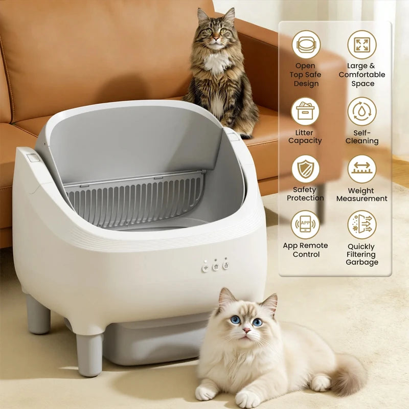 Self Cleaning Litter Box 95 L Large Capacity Automatic Cat Litter Box Self Cleaning for Multiple Cats with Safety Protection App Control 1 Roll Garbage Bags