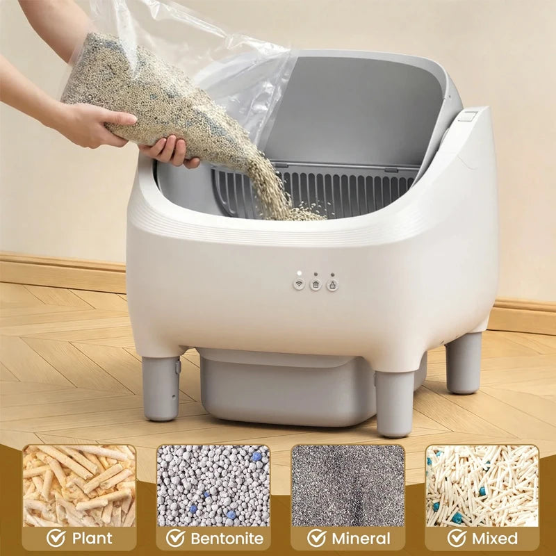 Self Cleaning Litter Box 95 L Large Capacity Automatic Cat Litter Box Self Cleaning for Multiple Cats with Safety Protection App Control 1 Roll Garbage Bags