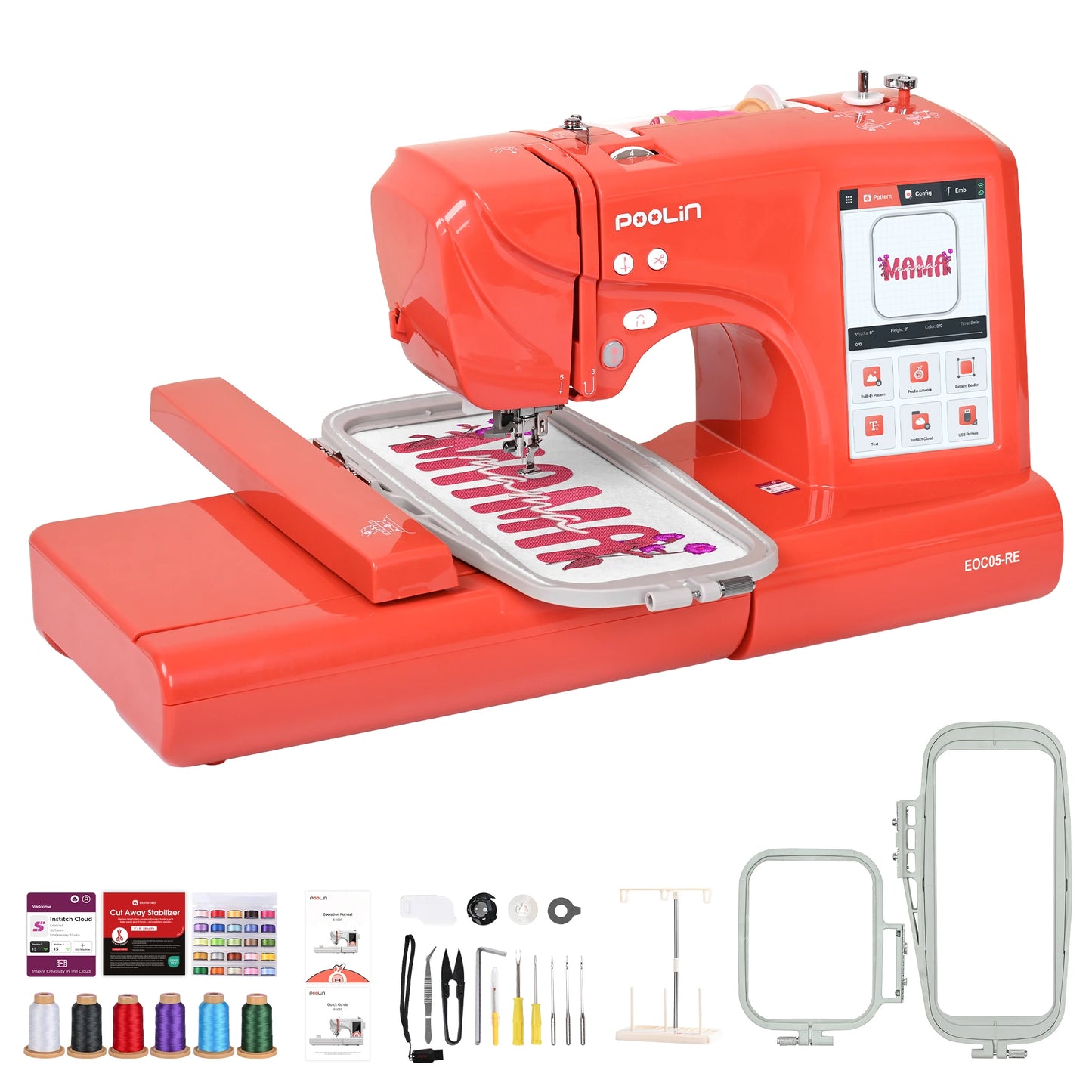 POOLIN EOC05-RE Computerized Embroidery Machine, Valentine’s Day Gift for Home DIY, with Threads, Bobbin & Stabilizer