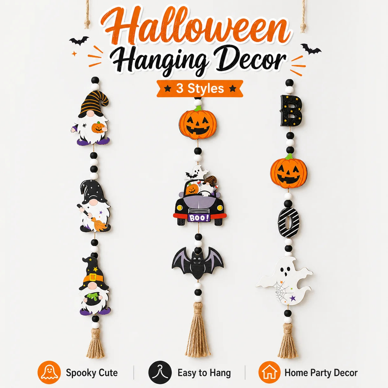 1pc Halloween Wooden Bead Hanging Sign 3 Styles Gnome Pumpkin Car Ghost Boo Letter Tassel Wall Door Decor Farmhouse Spooky Cute Home Party Ornament