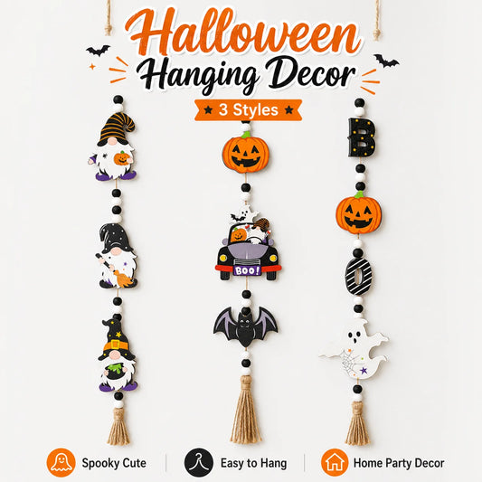 1pc Halloween Wooden Bead Hanging Sign 3 Styles Gnome Pumpkin Car Ghost Boo Letter Tassel Wall Door Decor Farmhouse Spooky Cute Home Party Ornament