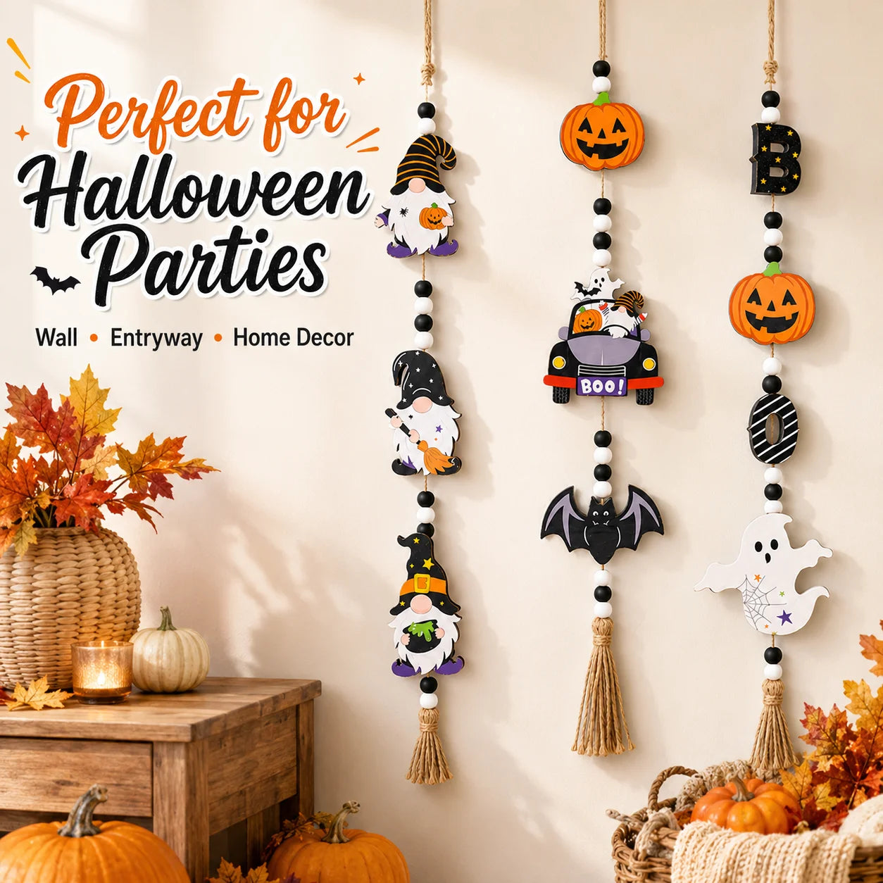 1pc Halloween Wooden Bead Hanging Sign 3 Styles Gnome Pumpkin Car Ghost Boo Letter Tassel Wall Door Decor Farmhouse Spooky Cute Home Party Ornament
