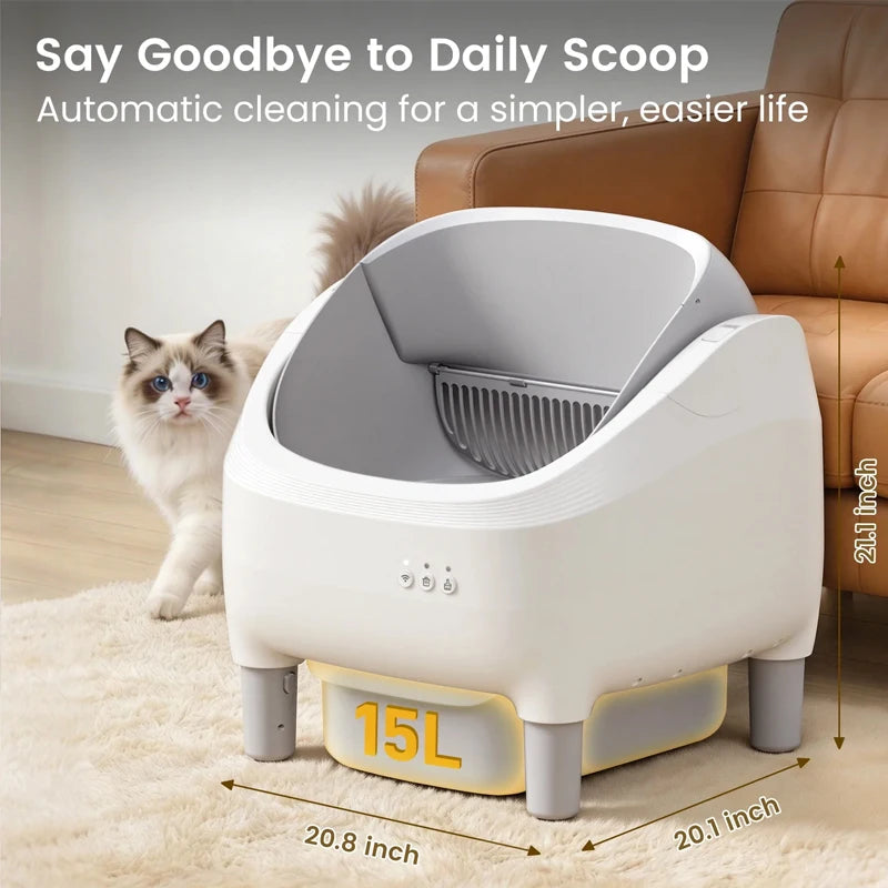 Self Cleaning Litter Box 95 L Large Capacity Automatic Cat Litter Box Self Cleaning for Multiple Cats with Safety Protection App Control 1 Roll Garbage Bags