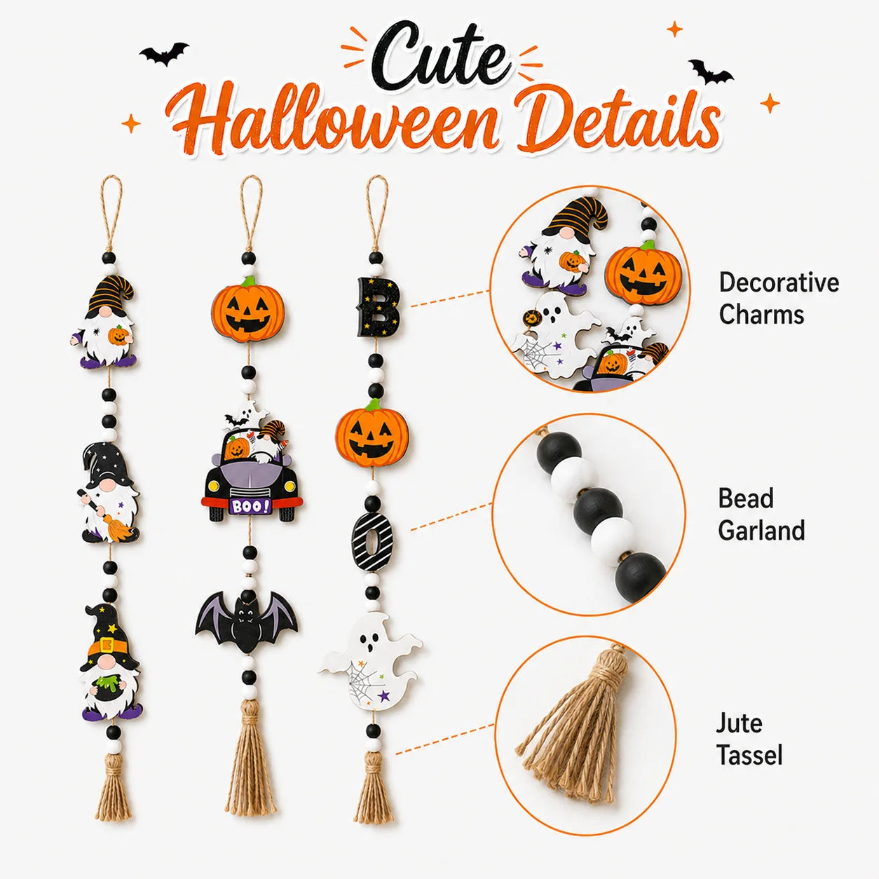 1pc Halloween Wooden Bead Hanging Sign 3 Styles Gnome Pumpkin Car Ghost Boo Letter Tassel Wall Door Decor Farmhouse Spooky Cute Home Party Ornament