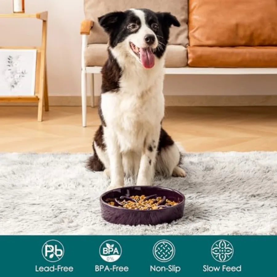 Ceramic Slow Feeder Dog Bowls Puzzle Dog Food Bowls with Floral Maze Anti -Slip Pet Food Dish for Large Breed 3 Cups