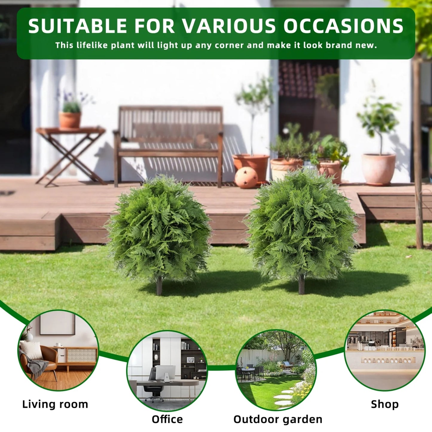 2 Pcs Artificial Fern Topiary Trees, Fake Ball Plants with Ground Stakes, UV Resistant Faux Greenery for Patio Garden Home Decor