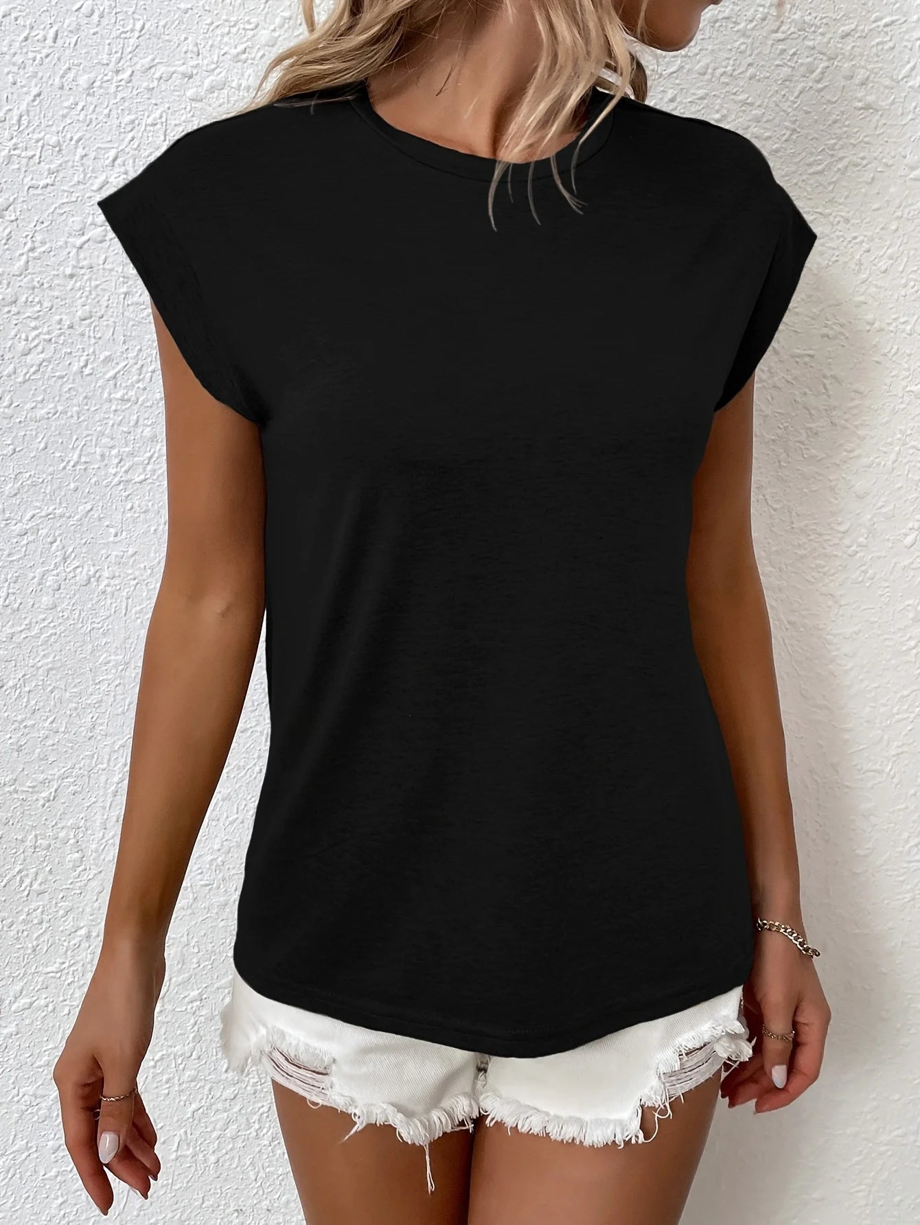 Spring Summer Regular Size Women Basic Casual Solid Crew Neck Cap Short Sleeve T-shirt Soft All-match Daily Outfit