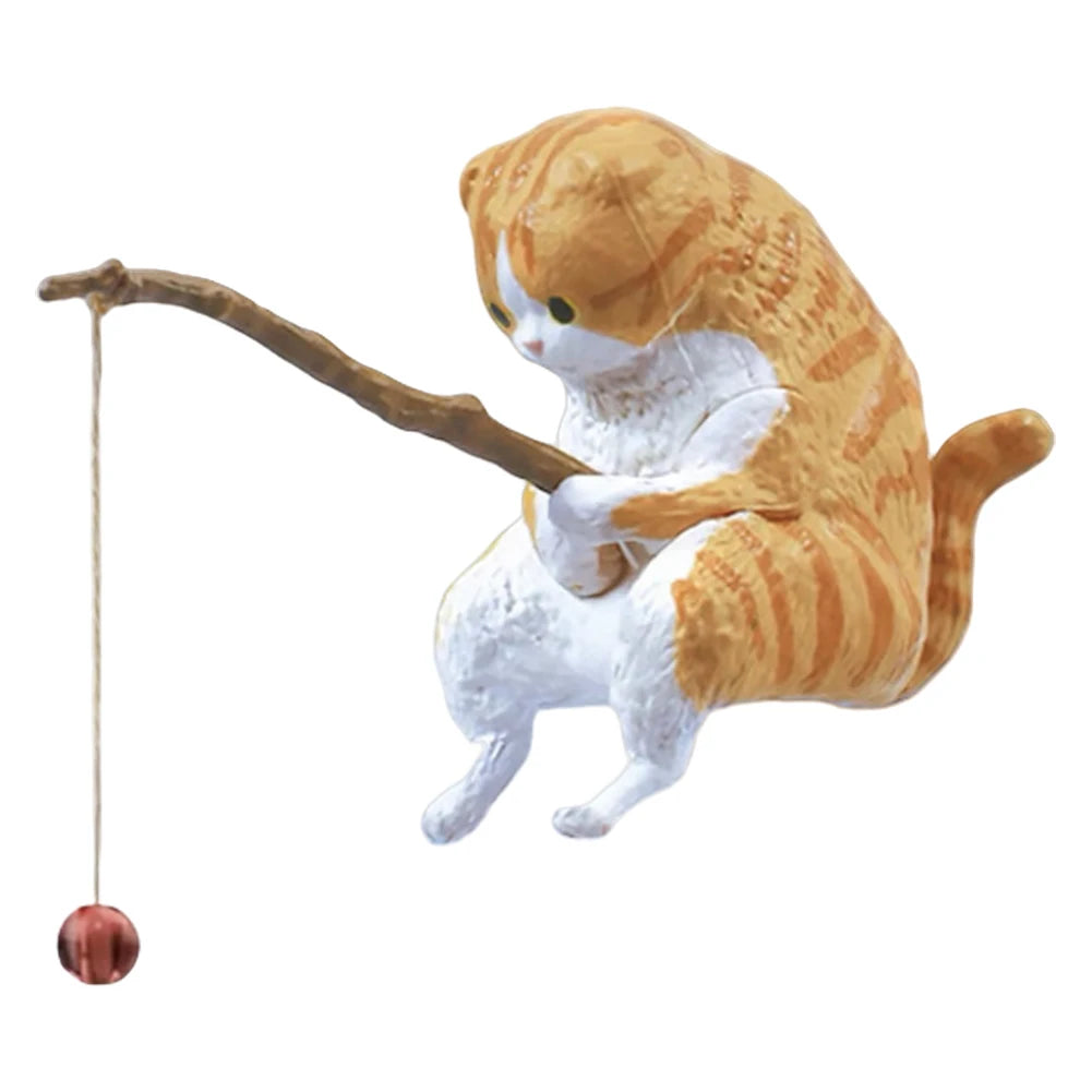Cute Fishing Cat Figure Fish Landscaping Cartoon Cat Statue Sitting Fishing Little Cat Ornament Aquarium Decoration