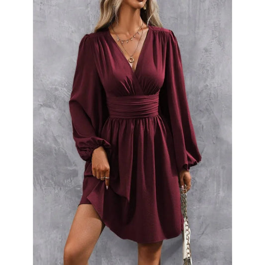 Surplice Neck Lantern Sleeve Ruched Waist Dress Fall Cloth For Women summer Dress