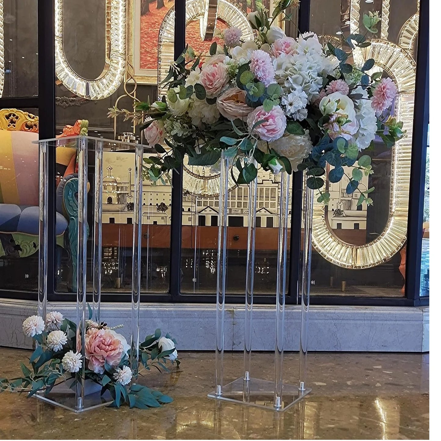 2 Pcs Flower Vase, 60cm Tall Column Clear Acrylic Stand for Party Wedding Table Bouquet Display Pillars Festival Geometric Decor