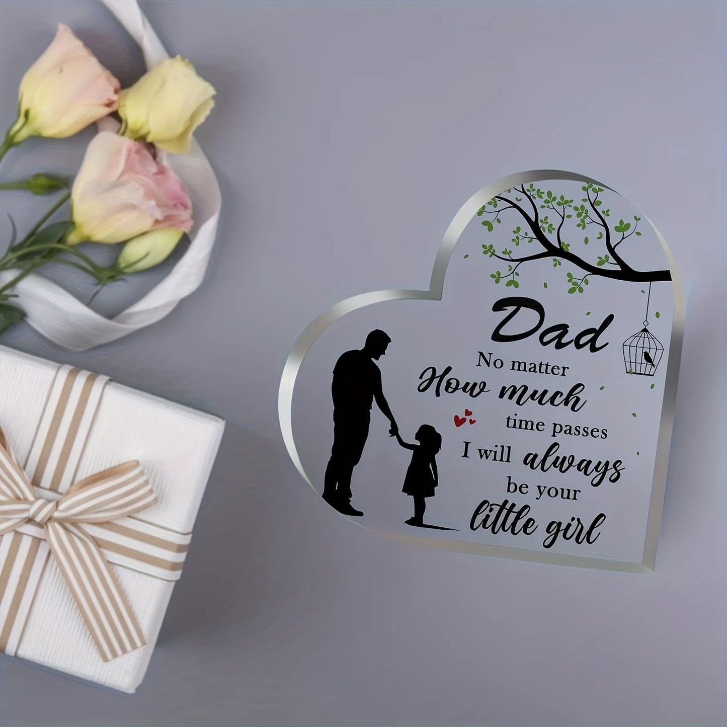 2D Flat, Dad Gifts from Daughter - 3.9 Inch Heart-Shaped Acrylic Plaque with Sentimental Message, Father-Daughter Silhouette
