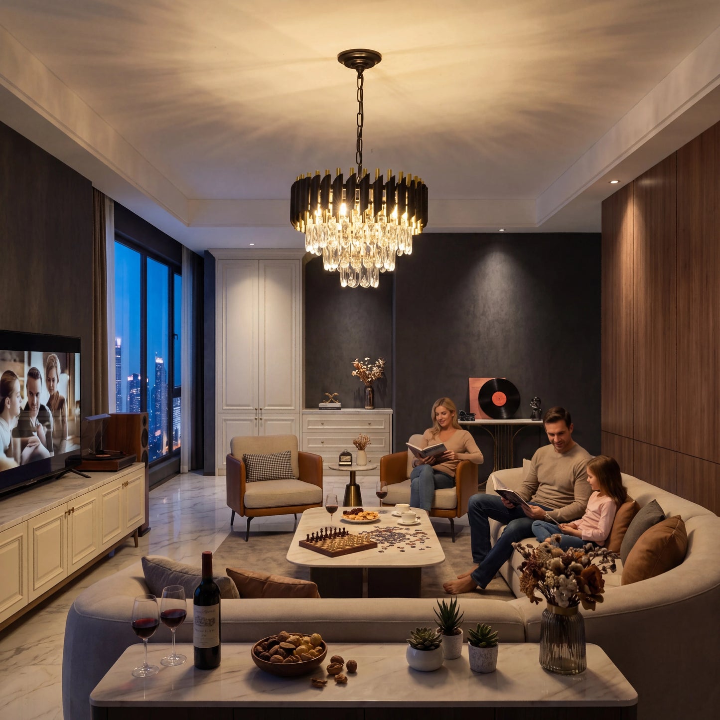 Modern Black and Gold Crystal Chandelier, Adjustable Chain Hanging Ceiling Light Fixture - dining room/living room/bedroom/foyer