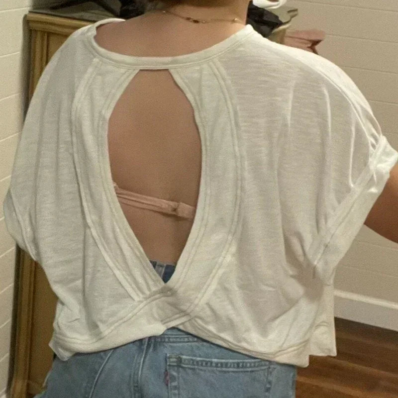 2024 New White Short Sleeve Loose Tees Women's Solid Color Round Neck Summer Y2k Sexy Backless Korean Fashion Clothes T-shirt
