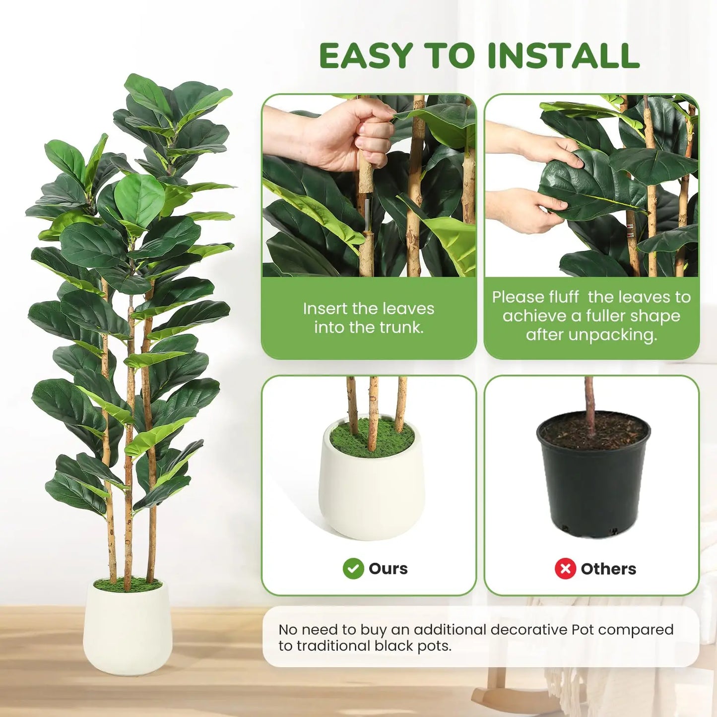 5FT/7FT Artificial Fiddle Leaf Fig Tree With White Planter, Tall Fake Floor Plant Large Faux Indoor Tree For Home Office Decor