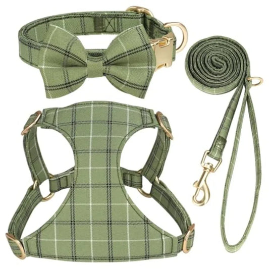 Extra Small Dog Harness Collar and Leash Set with Bowtie, Soft Adjustable Plaid Polyester Harness for Small Dogs and Cats, Red/