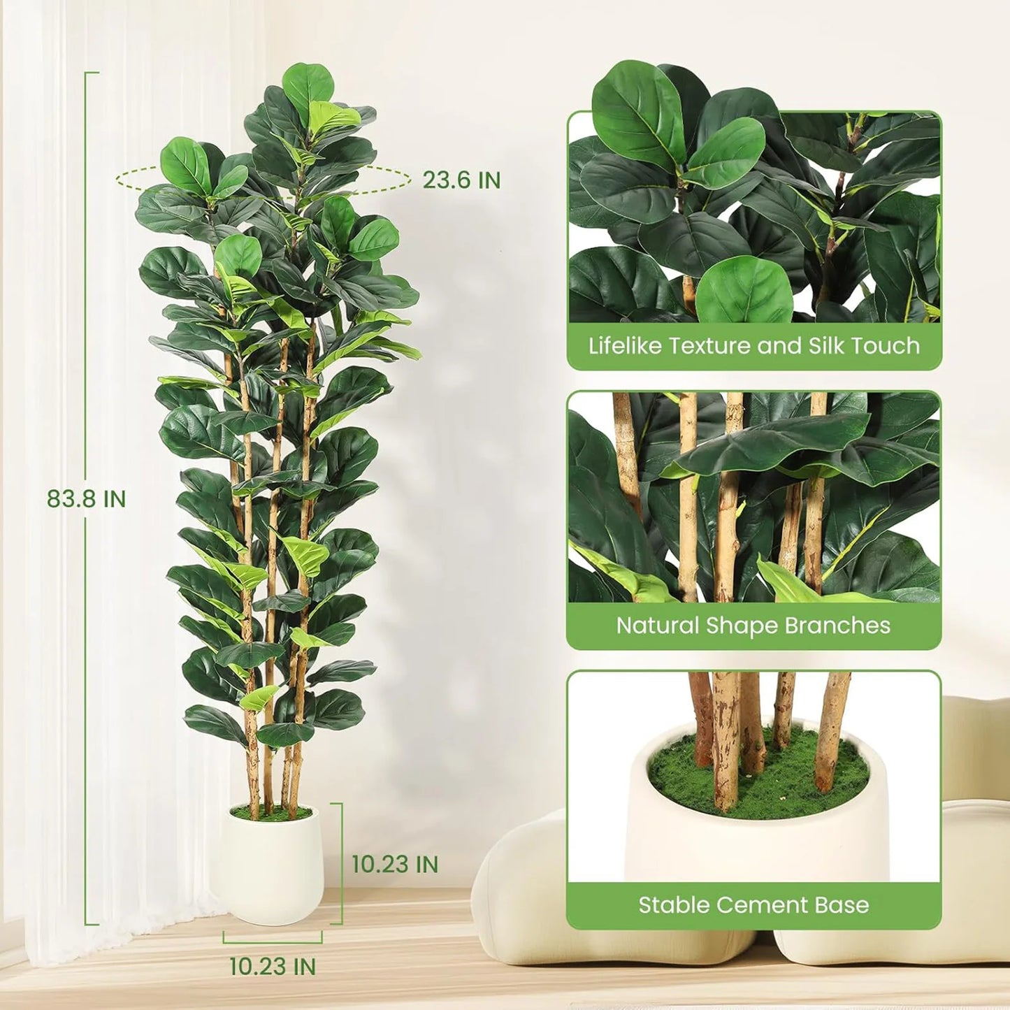 5FT/7FT Artificial Fiddle Leaf Fig Tree With White Planter, Tall Fake Floor Plant Large Faux Indoor Tree For Home Office Decor