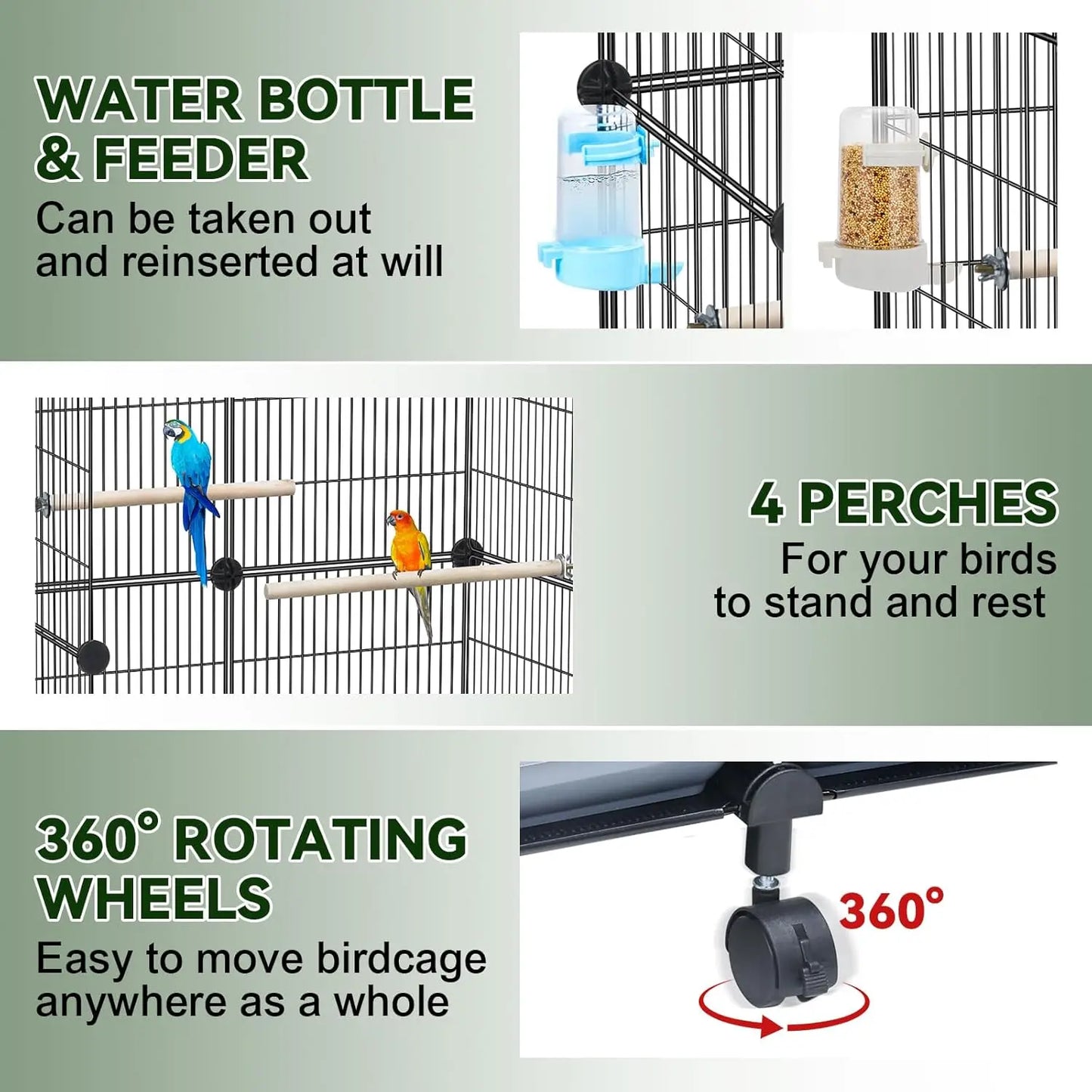 46-Inch Spacious Bird Cage with Wooden Perches, Slide-Out Tray, Water Bottle & Feeder for Parrots and Small Birds