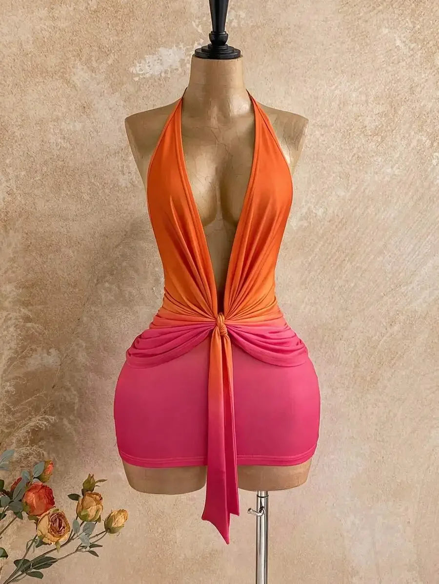 Womens Ombre Gradient Deep V-Neck Halter Mini Dress Beach Club Outfit Summer