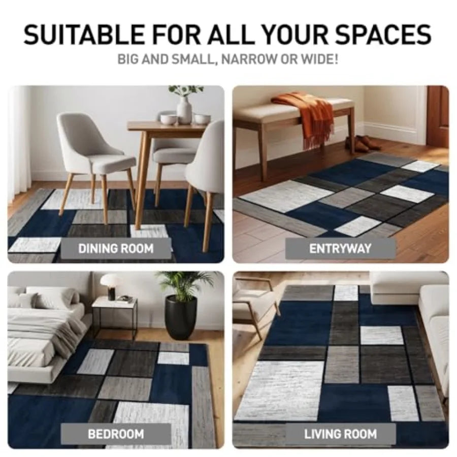 Modern Geometric Boxes Navy Area Rug for Living Room Bedroom Dining Room, Non-Shedding Carpet, 5'3 x 7'3, Polyester
