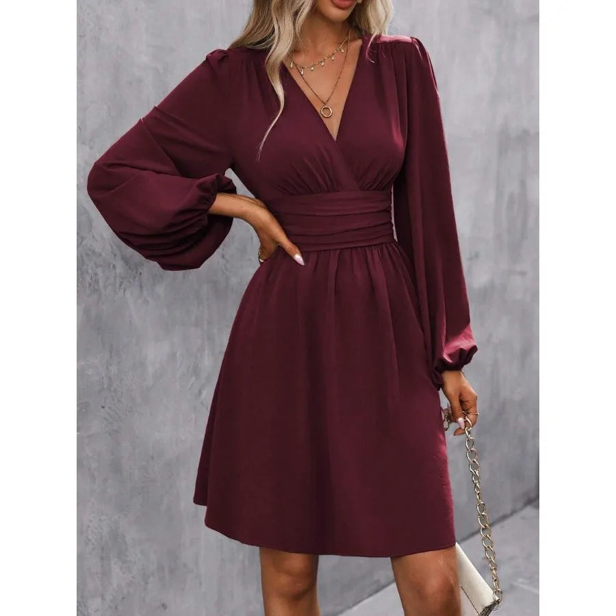 Surplice Neck Lantern Sleeve Ruched Waist Dress Fall Cloth For Women summer Dress