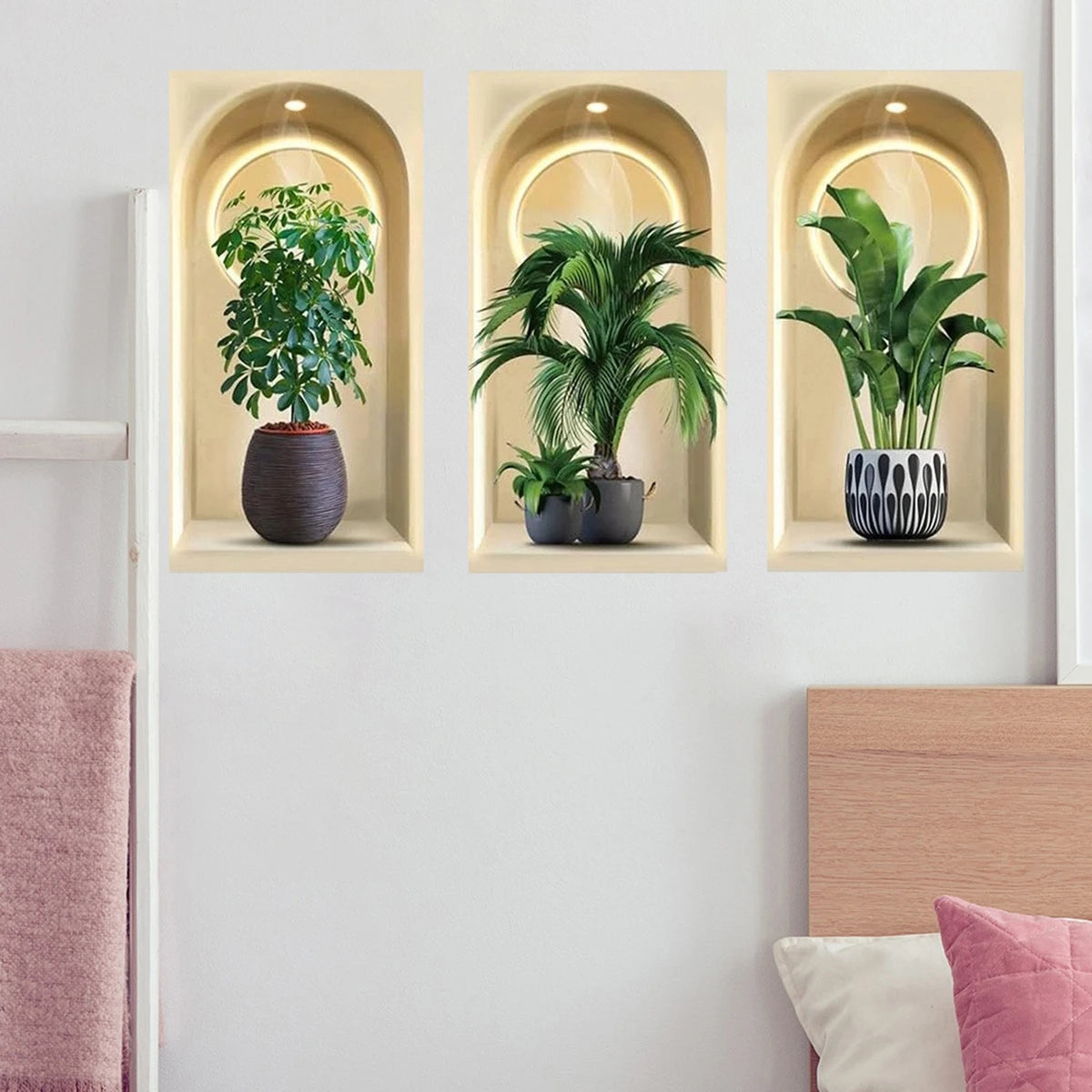 Tropical Jungle Theme Wall Decal Set with 3D Potted Plants Green Palm Leaves and Devil s Ivy for Home or Office Decor