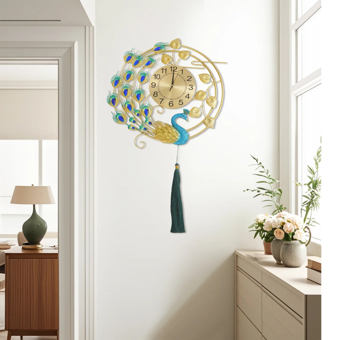 Peacock Metal Wall Clock,Gold Blue Wall-mounted Silent Art Wall Clock 58*100cm for Decoration Bedrooms