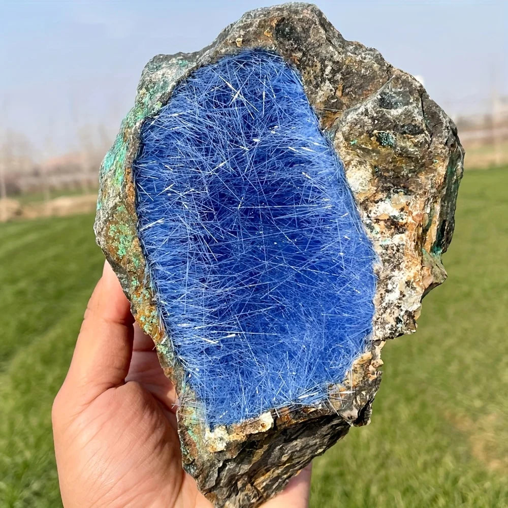 Green Needle Quartz Azurite Specimen Bright Burrs Irregular Semi Precious Natural Rocks Stones Home Office Decoration