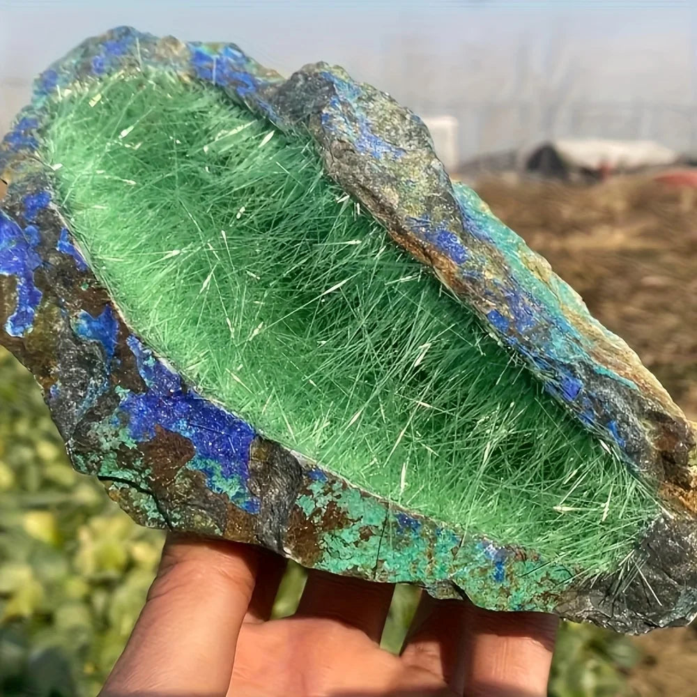 Green Needle Quartz Azurite Specimen Bright Burrs Irregular Semi Precious Natural Rocks Stones Home Office Decoration