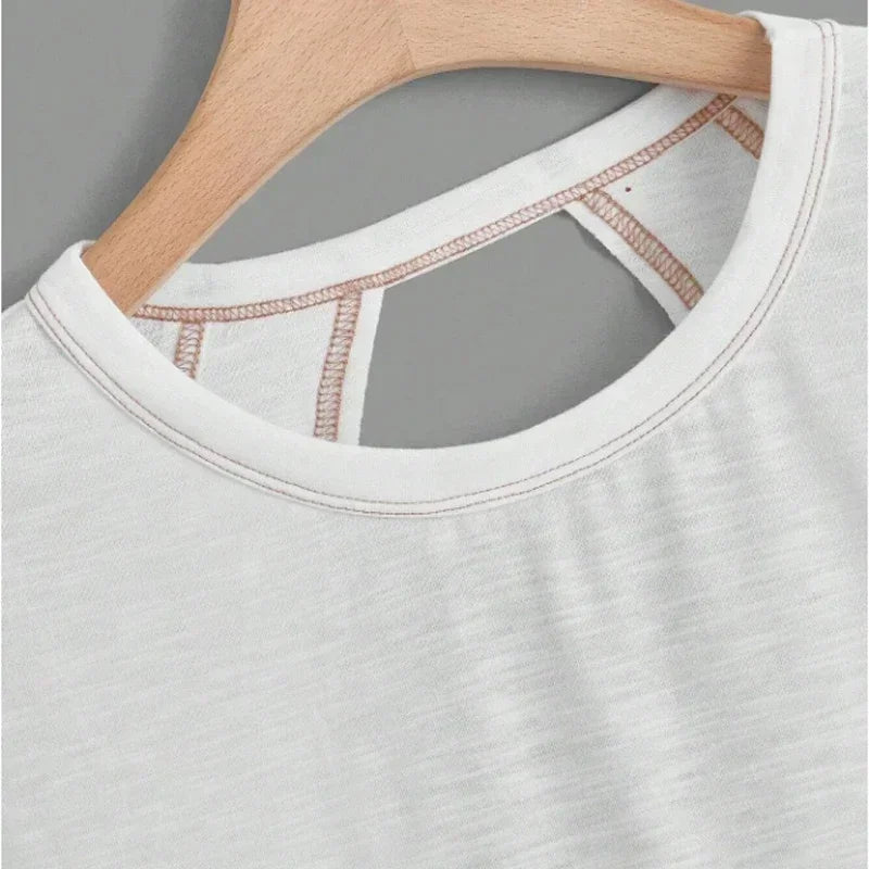 2024 New White Short Sleeve Loose Tees Women's Solid Color Round Neck Summer Y2k Sexy Backless Korean Fashion Clothes T-shirt