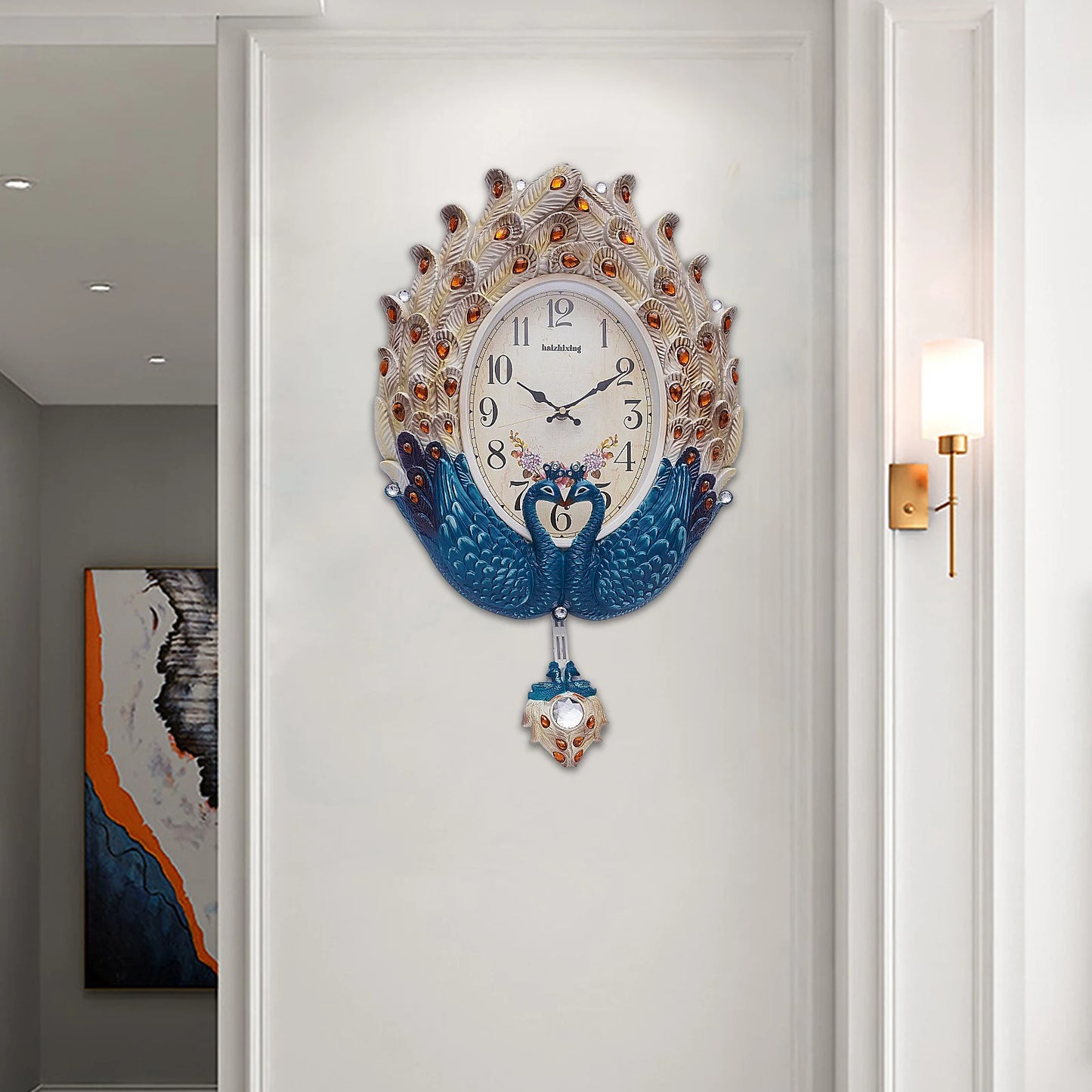 Blue Peacock Wall Clock,Silent Wall-mounted Metal Pendulum Clock 37*60cm with Luxury Crystal for Living Room,Hallways