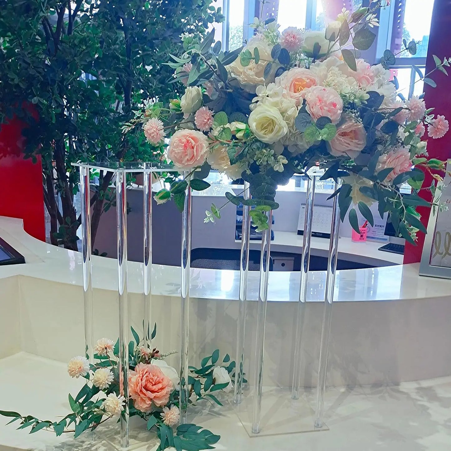 2 Pcs Flower Vase, 60cm Tall Column Clear Acrylic Stand for Party Wedding Table Bouquet Display Pillars Festival Geometric Decor