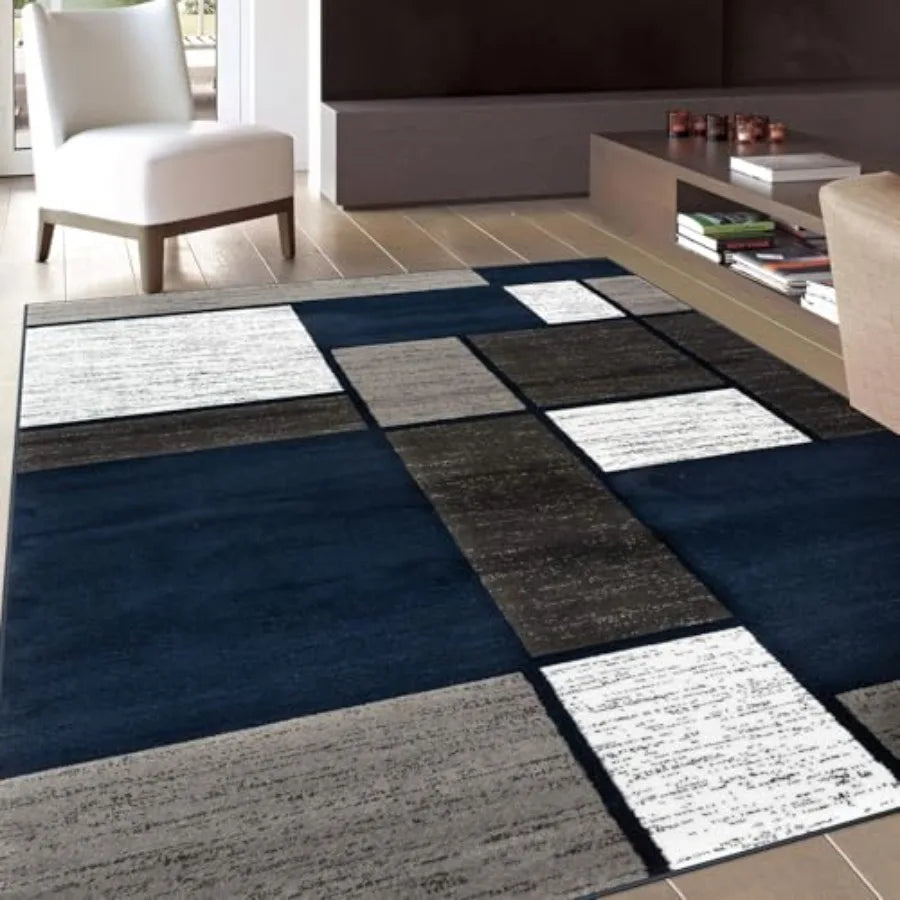 Modern Geometric Boxes Navy Area Rug for Living Room Bedroom Dining Room, Non-Shedding Carpet, 5'3 x 7'3, Polyester