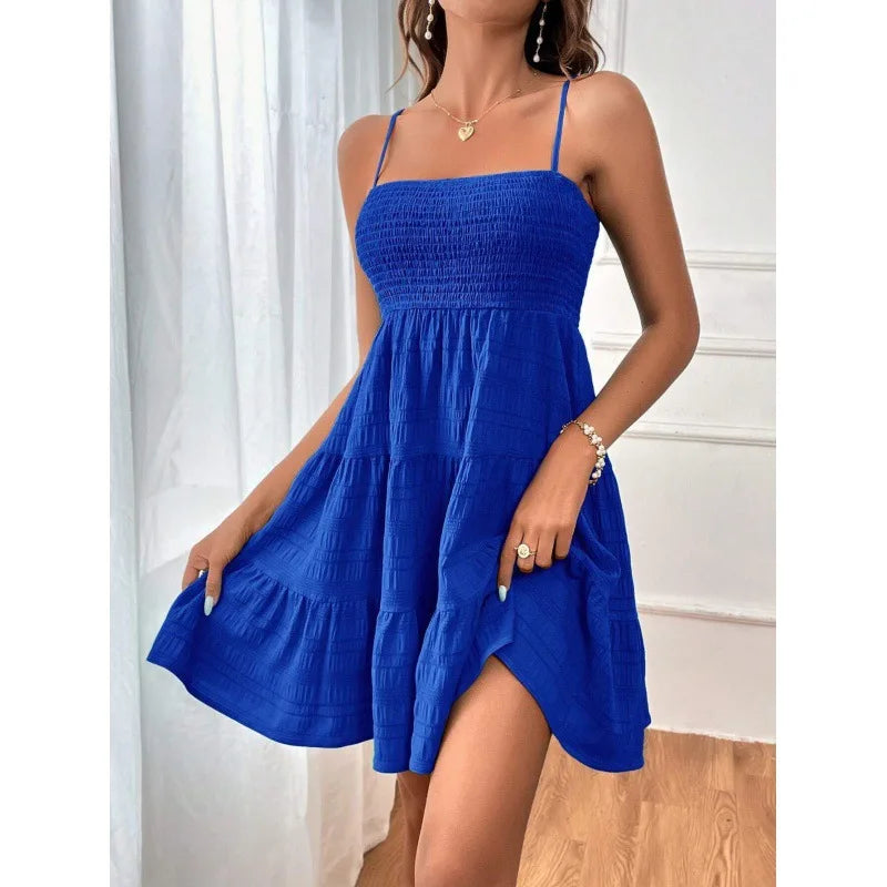 Tiered Swing Mini Dress Casual Floral Women Dress Spaghetti Strap Smocked Bust Ruffled Hem Beach Summer Vacation Outfit