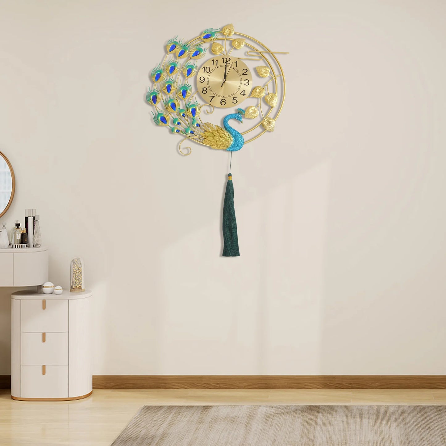 Peacock Metal Wall Clock,Gold Blue Wall-mounted Silent Art Wall Clock 58*100cm for Decoration Bedrooms