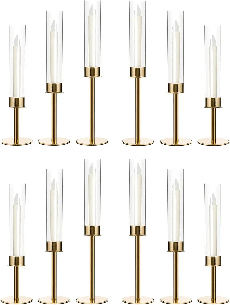 12PCS Gold Candle Sticks Holder in Bulk for Table Centerpiece Metal Candelabra with Acrylic lampshade for Wedding Christmas