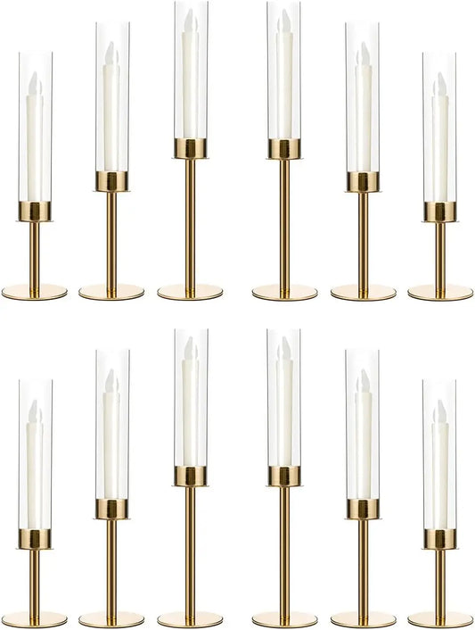 12PCS Gold Candle Sticks Holder in Bulk for Table Centerpiece Metal Candelabra with Acrylic lampshade for Wedding Christmas