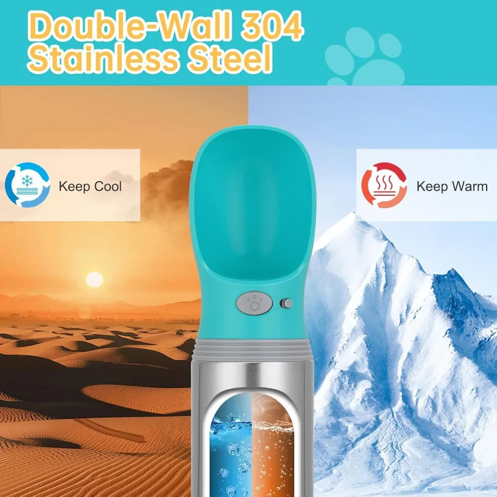 Portable Dog Water Bottle, 14 oz, Stainless Steel Leak Proof Pet Water Dispenser with Drinking Bowl for Travel, Walking, Hiking