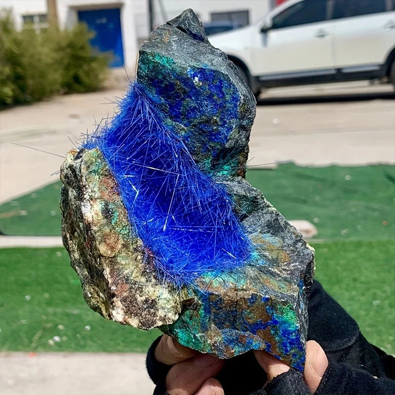 Green Needle Quartz Azurite Specimen Bright Burrs Irregular Semi Precious Natural Rocks Stones Home Office Decoration